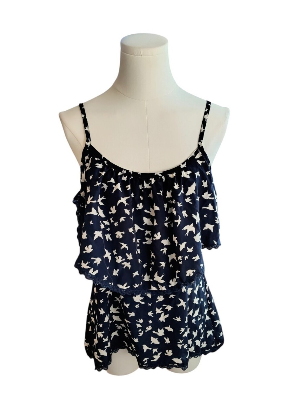 Vanity Vintage Blue Cream Lace Bird Dove Flutter Ruffle Camisole Size Medium